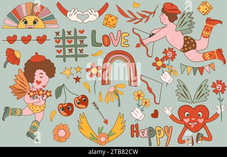 Retro-Sticker zum Valentinstag. Mit romantischen Cartoon-Elementen und Hippie-Charakteren. Enthält einen niedlichen Cupid im Vintage-Comic-Stil, ein laufendes Herz mit einer Blume. Vektor. Stock Vektor