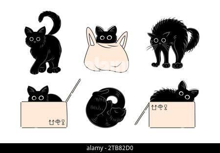 Katzenset. Versteckt sich in Tasche und Kiste, zischt, schläft, jagt, geht. Fette, süße Katzen-Lifestyle. Haustiere. Für Aufkleber, Poster, Karten Design-Elemente Stock Vektor