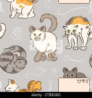 Nahtloses Muster von Katzen in verschiedenen Posen im Skizzenstil. Fette, süße Katzen-Lifestyle. Haustiere. Die Katze zischt, schläft, versteckt sich in einer Kiste und läuft. Für Stock Vektor