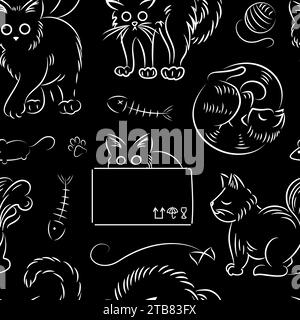 Nahtloses Muster von Katzen in verschiedenen Posen im Skizzenstil. Fette, süße Katzen-Lifestyle. Haustiere. Die Katze zischt, schläft, versteckt sich in einer Kiste und läuft. Für Stock Vektor