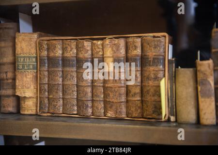 Staubige, abgenutzte und verblasste jüdische Heiligbücher, die in Leder gebunden sind, stehen aufrecht auf einem Bücherregal. Stockfoto