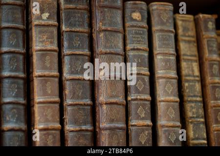 Staubige, abgenutzte und verblasste jüdische Heiligbücher, die in Leder gebunden sind, stehen aufrecht auf einem Bücherregal. Stockfoto