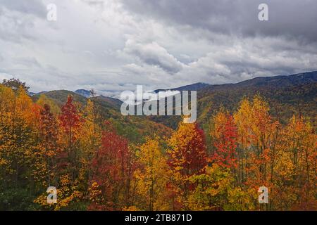 Sturmwolken über den Bergen, die im Great Smoky Mountains National Park in Herbstfarben bedeckt sind Stockfoto