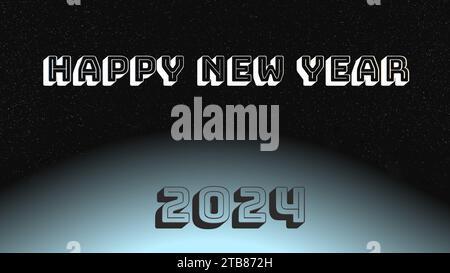 Happy New Year 2024 Text über die Hälfte eines blauen Planeten im Weltraum auf kreativem abstraktem Hintergrund mit 3D-Rendering-Illustration für Raumthema-Konzepte Stockfoto