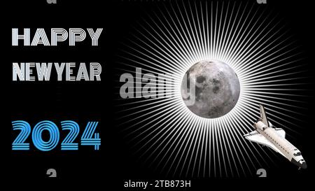 Raumschiff kommt vom Mond mit einem Text zum Happy New Year 2024 auf kreativem abstraktem Hintergrund mit 3D-Rendering-Illustration für Raumfahrthema-Konzepte Stockfoto