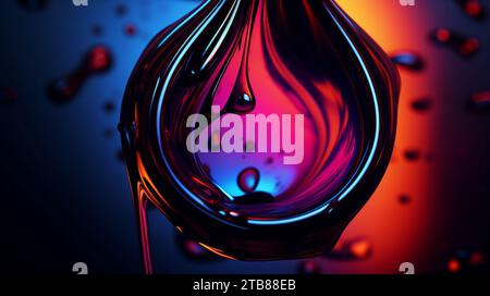 Tropfen Öl verschiedene Farben, Spritzer Wasserfarbe auf dunklem Hintergrund, Makro. Ölraffinerien, Motoröl. 3D-Rendering Stockfoto