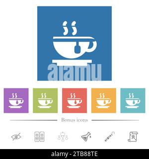 Tasse Tee flache weiße Symbole mit quadratischem Hintergrund. 6 Bonussymbole enthalten. Stock Vektor
