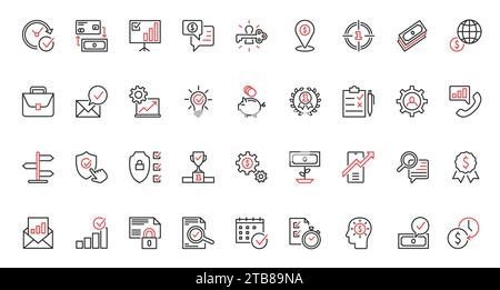 Geschäftliche Kommunikation, Handel und Zeitmanagement rote schwarze dünne Linien, Symbole für Finanzen. Stock Vektor