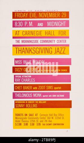 1957: Carnegie Hall Jazz Flyer, Miss Billie Holiday, Ray Charles, Chet Baker, Thelonious Monk und Sonny Rollins Stockfoto