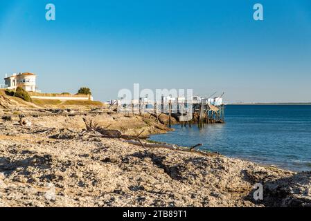 Saint-Palais-sur-Mer (Mittelwestfrankreich): Holzpontons auf Stelzen entlang der Küste „cote de Beaute“ an der Mündung der Gironde Stockfoto