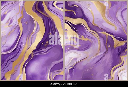 Set aus modernem Aquarell, violettem und goldenem Marmor. Stock Vektor