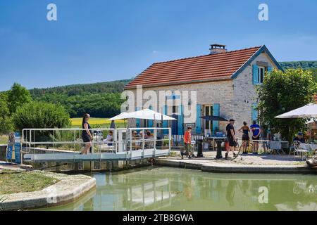 Gissey-sur-Ouche (Nordostfrankreich): Touristen in Mittagspause an der Schleuse 34S auf dem Burgund-Kanal (französischer „Canal de Bourgogne“) Stockfoto