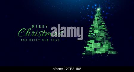Weihnachtsbaum aus geometrischen Formen, Lichtern und Glitzern. Cyber Christmas oder Happy New Year Concept. Vektortechnologie. Stock Vektor