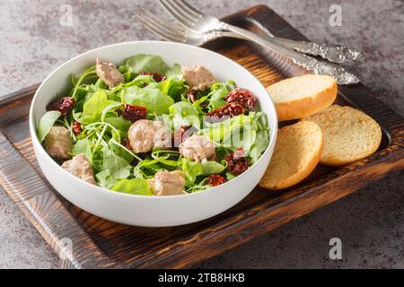 Salat aus der Dose mit frischer Rucola und sonnengetrockneten Tomaten, serviert mit Toast in einer Schüssel auf dem Tisch. Horizontal Stockfoto