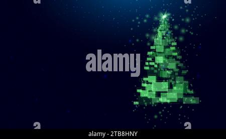 Weihnachtsbaum aus geometrischen Formen, Lichtern und Glitzern. Cyber Christmas oder Happy New Year Concept. Vektortechnologie. Stock Vektor