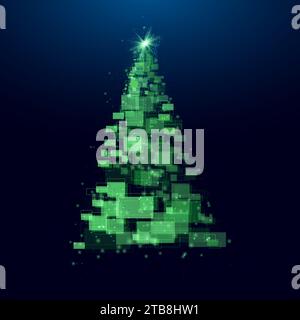 Weihnachtsbaum aus geometrischen Formen, Lichtern und Glitzern. Cyber Christmas oder Happy New Year Concept. Vektortechnologie. Stock Vektor