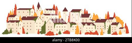 Herbstsaison in der Stadt oder Dorf Berglandschaft Vektor Illustration. Cartoon europäische Stadtgebäude zwischen orangen roten Bäumen, Architektur und Mühle, Herbststädte in Europa isoliert Stock Vektor