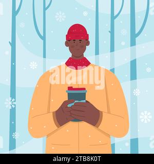 Mann trinkt Kaffee in Winterpark-Vektorillustration. Cartoon glücklicher, süßer männlicher Charakter, der mit einer Kaffeetasse zwischen Bäumen steht und einen Drink und die Schönheit des Wetters genießt Stock Vektor