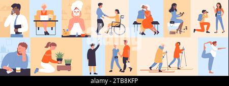 Szenen der Völker arbeiten und studieren, Freizeit und Hobby Set, geometrische Mosaik Farbmuster Vektor Illustration. Cartoon-Alltag und Gartenarbeit, Happy Time der Charaktere mit Familie und Freunden Stock Vektor