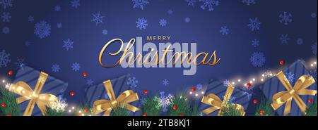 Frohe Weihnachten und frohes neues Jahr. Hintergrund Weihnachtsdesign realistische Geschenkbox, festliche dekorative Objekte. Draufsicht. Weihnachtsposter, Weihnachtsbanner Stock Vektor