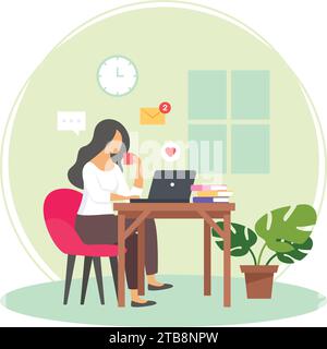 Frau, die sich entspannt und Kaffee am Arbeitsplatz genießt, während sie Multi Task Konzept Vektor Symbol Design, Corporate Wohlbefinden Symbol, sitzender Lebensstil Stock Vektor