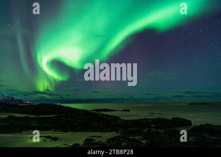 Grüne und rote Nordlichter über schneebedeckten Bergen in Lofoten spiegeln sich im Meer Stockfoto