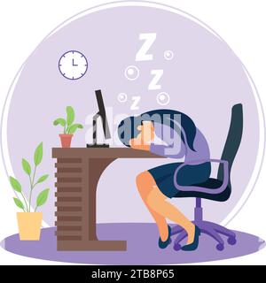 Schlummernde Büromitarbeiter Konzept, Frau Angestellte, die an ihrem Schreibtisch arbeitet, ihren Kopf auf dem Tisch Vektor Icon Design, Corporate Wohlbefinden Symbol, Seden Stock Vektor