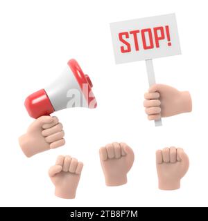 Zeichentrickhände von Dämonstranten und Hand mit Megaphon und Stoppzeichen, Protestkonzept, Revolution, Konflikt, 3D-Rendering auf weißem Hintergrund. Stockfoto