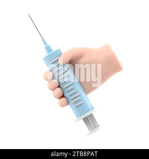 3D-Rendering. Doktor-Cartoon-Hand, die große Spritze mit Impfstoff gegen Virus hält. Illustration des medizinischen Gesundheitswesens. Pharmazeutischer Clip Art. 3D-Rendering o Stockfoto