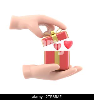 Geschenk des Liebeskonzeptes. Alles Gute zum Valentinstag. Mann, der in den Händen hält, öffnet die Geschenkbox mit rotem Herzen, Symbol Liebesbekenntnisse. Abbildung flach. Roma Stockfoto