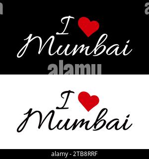 I Love Mumbai Logo mit Herz auf schwarzem und weißem Hintergrund Stock Vektor