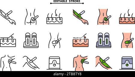 Wachsen, Häute, brasilianische Hörentfernung, Liniensymbole gesetzt. Bearbeitbare Kontur. Bikinizone, Bein, Achselhöhlen, Gesäß Haarentfernung. Heißes Wachsglas, Spachtel. Isoliertes Fahrzeug Stock Vektor
