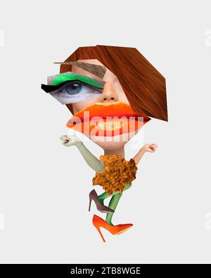 Zeitgenössische Kunstcollage. Kreatives Porträt, Karikatur einer stilvoll gekleideten Frau, die sich im Stil von Kleidung und Make-up ausdrückt Stockfoto