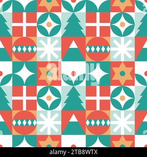 Weihnachtsmuster im Bauhaus-Stil – trendige Mosaikstruktur. Nahtloses geometrisches Muster mit winterlichen Elementen. Weihnachtsdekoration im skandinavischen Stil. Neujahrsstruktur. Stock Vektor