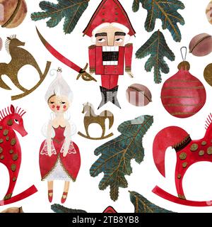 Nussknacker und Nüsse. Nahtloses Aquarellmuster für Neujahr- und Weihnachtspapier. Geschenke im Vintage-Stil für Kinder unter dem Weihnachtsbaum Stockfoto