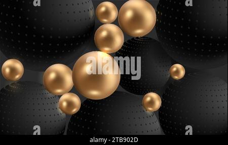 Abstrakter Hintergrund mit 3D Kugeln. Goldene und schwarze Blasen. Vektordarstellung von Bällen mit glitzernden Pailletten. Konzept der Schmuckhülle Stock Vektor