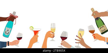 Verschiedene Hände, die Gläser mit Getränkevektor halten Stock Vektor