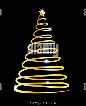 Goldener Weihnachtsbaum funkelnder Goldbaum für Dekoration, Banner, Flyer, Grußkarten, moderne Strichkunst Baum Stock Vektor