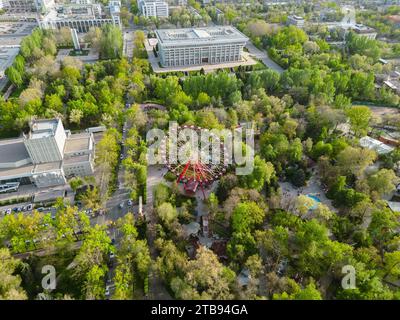 Blick aus der Vogelperspektive auf den Panfilov Park in Bischkek mit Riesenrad umgeben von grünen Bäumen Stockfoto