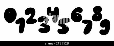 Runden Sie die Schriftart für schwarze Ziffern von 0 bis 9 ab. Vektor-Illustration in Doodle Hand gezeichnetem Stil isoliert auf weißem Hintergrund. Für Menü, Rabatt, Stock Vektor