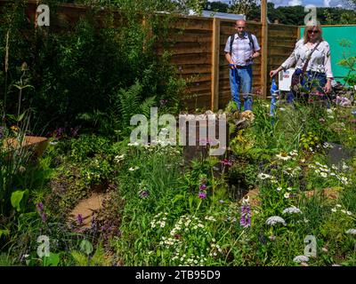 Elements URBAN Terrace Garden Competition (Stauden, Mann & Frau Looking) - RHS Tatton Park Flower Show 2023, Cheshire, England, Großbritannien. Stockfoto