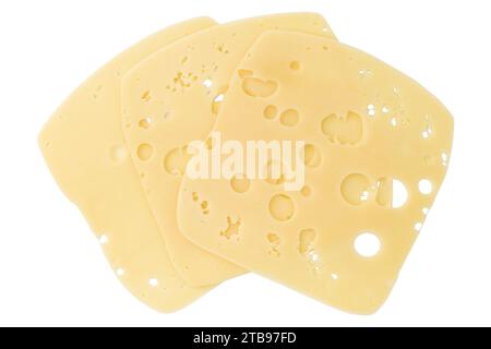 Käsescheiben isoliert auf weißem Hintergrund, Stücke von geschnittenem Goudakäse für Layout Stockfoto