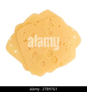 Käsescheiben isoliert auf weißem Hintergrund, Stücke von geschnittenem Goudakäse für Layout Stockfoto