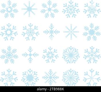 Verschiedene Formen von Schneeflocken, Satz von Schneekristallen. Winterelemente für Weihnachten und Neujahr, meteorologische Symbole. Vektorillustraten Stock Vektor