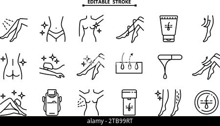 Symbole für die Haarentfernung mit Laser gesetzt. Bearbeitbare Kontur. Symbole für Laserepilierlinien. Haarentfernungszeichen. Epiliergeräte. Vektorabbildung. Stock Vektor