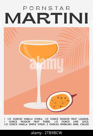 Pornostar Martini Cocktail garniert mit Passionsfrucht. Klassisches Rezept für alkoholische Getränke. Poster zum Sommeraperitif. Minimalistischer trendiger Druck mit Stock Vektor