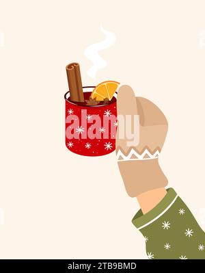 Hand im Fäustling, der eine rote Tasse Glühwein mit Zimt, Orange, Anis und Nelken hält. Warmes Wintergetränk. Illustration des flachen Vektors Stock Vektor
