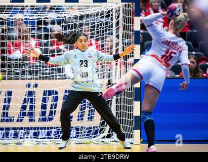 Torhüterin Madeleine Noelia Cortez Fuenzalida aus Chile im Kampf mit Andela Janjusevic aus Serbien während des IHF Handball-WM-Spiels der Frauen zwischen Serbien und Chile in der Vorgruppe E in Jyske Bank Boxen in Herning in Dänemark am Dienstag, 5. Dezember 2023. (Foto: Bo Amstrup/Ritzau Scanpix) Stockfoto