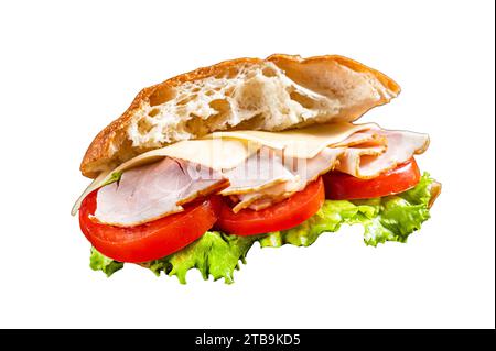 Brummen und Käse-Sandwich mit Käse, Tomaten und Salat. Sub-Sandwich. Isolierter, weißer Hintergrund Stockfoto