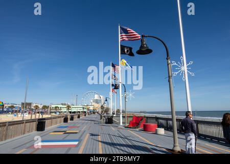 Flaggen Auf Der Myrtle Beach Boardwalk South Carolina United States Sea Front Promenade Weihnachtszeit Stockfoto